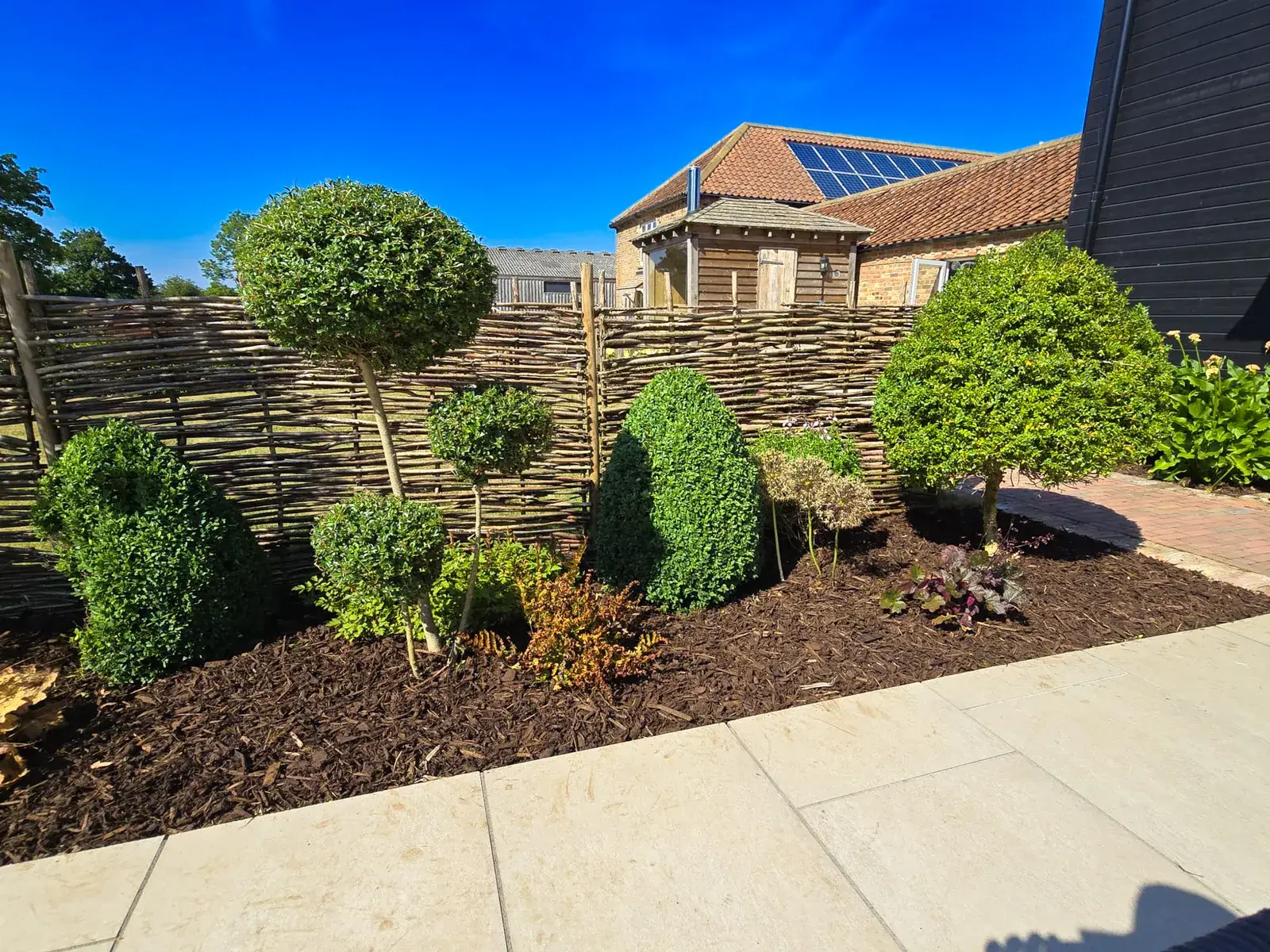 Topiary bed and woven hazel hurdle fencing